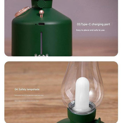 White Retro Kerosene Lamp Humidifier - Rechargeable Cool Mist Maker with Dimmable Light.