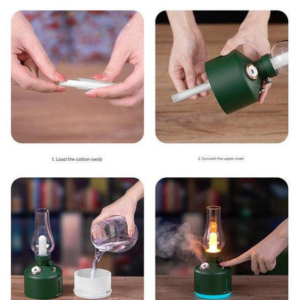 White Retro Kerosene Lamp Humidifier - Rechargeable Cool Mist Maker with Dimmable Light.
