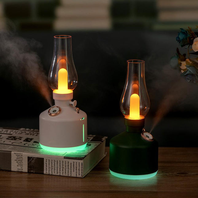 Green Retro Kerosene Lamp Humidifier - Rechargeable Cool Mist Maker with Dimmable Light.