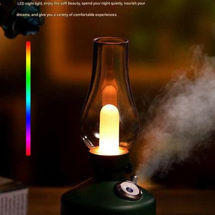 Green Retro Kerosene Lamp Humidifier - Rechargeable Cool Mist Maker with Dimmable Light.