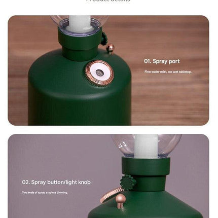 Green Retro Kerosene Lamp Humidifier - Rechargeable Cool Mist Maker with Dimmable Light.