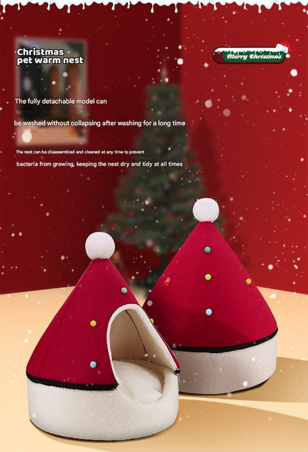 Festive Detachable Pet House - Cozy Red Santa Hat Design (S - 37x46cm).
