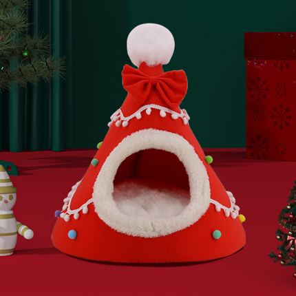 Festive Detachable Pet House - Cozy Red Candye Design (S - 37x46cm).