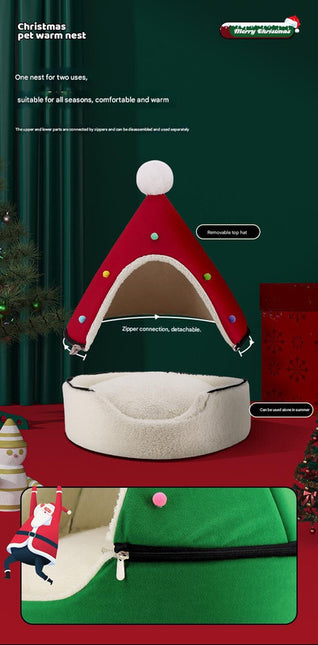 Festive Detachable Pet House - Cozy Pine Needle Wool Christmas Hat Design (S - 37x46cm).