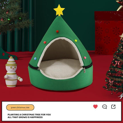 Festive Detachable Pet House - Cozy Green Christmas tree Design (S - 37x46cm).