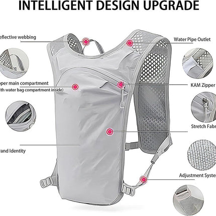 Grey Lightweight Hydration Vest Pack - Breathable Running & Cycling Backpack.