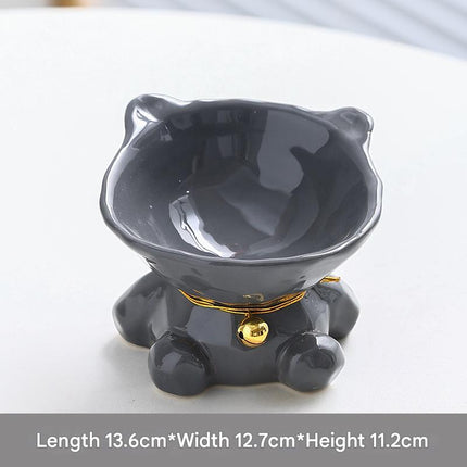 Gray Cute Ceramic Cat Bowl - Pet Feeder for Feeding and Drinking.