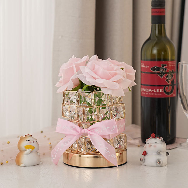 Pink Rose LED Crystal Flower Table Lamp - USB Rechargeable Touch Control Night Light.