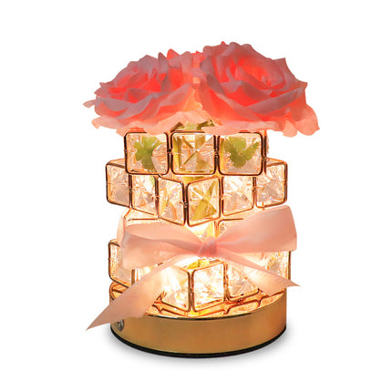 Pink Rose LED Crystal Flower Table Lamp - USB Rechargeable Touch Control Night Light.
