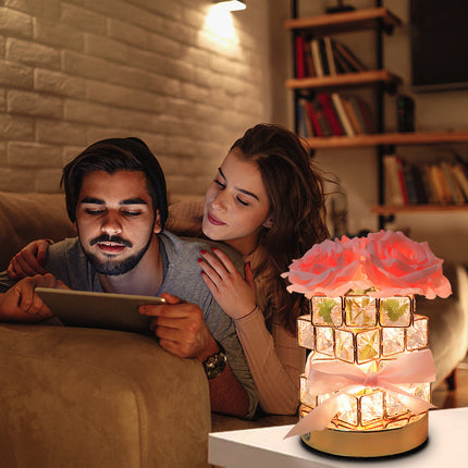 Pink Rose LED Crystal Flower Table Lamp - USB Rechargeable Touch Control Night Light.