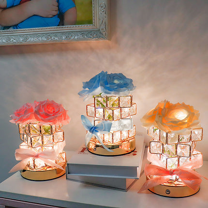 Pink Rose LED Crystal Flower Table Lamp - USB Rechargeable Touch Control Night Light.