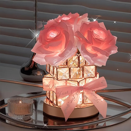 Pink Rose LED Crystal Flower Table Lamp - USB Rechargeable Touch Control Night Light.