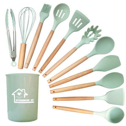 Light Green And Brown 12-Piece Silicone Kitchen Utensil Set - Non-Stick Food-Grade Silicone Cooking Tools with Wooden Handles and Holder.