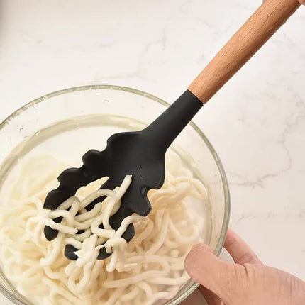 Light Green And Brown 12-Piece Silicone Kitchen Utensil Set - Non-Stick Food-Grade Silicone Cooking Tools with Wooden Handles and Holder.