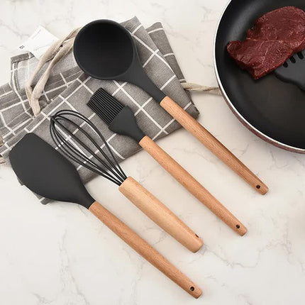 Light Green And Brown 12-Piece Silicone Kitchen Utensil Set - Non-Stick Food-Grade Silicone Cooking Tools with Wooden Handles and Holder.