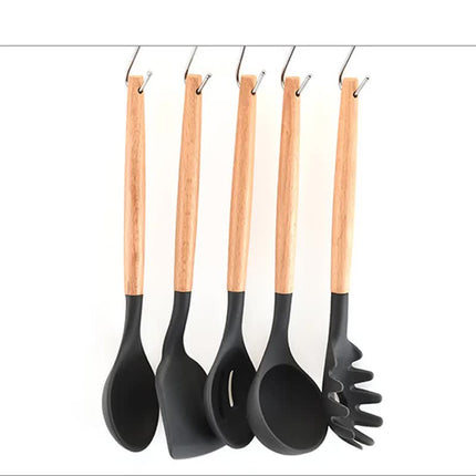 Light Green And Brown 12-Piece Silicone Kitchen Utensil Set - Non-Stick Food-Grade Silicone Cooking Tools with Wooden Handles and Holder.