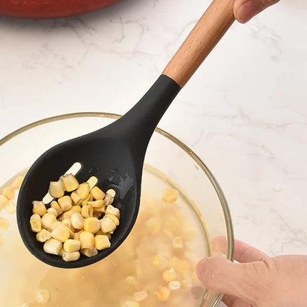 Light Green And Brown 12-Piece Silicone Kitchen Utensil Set - Non-Stick Food-Grade Silicone Cooking Tools with Wooden Handles and Holder.