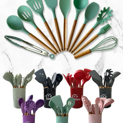 Light Green And Brown 12-Piece Silicone Kitchen Utensil Set - Non-Stick Food-Grade Silicone Cooking Tools with Wooden Handles and Holder.