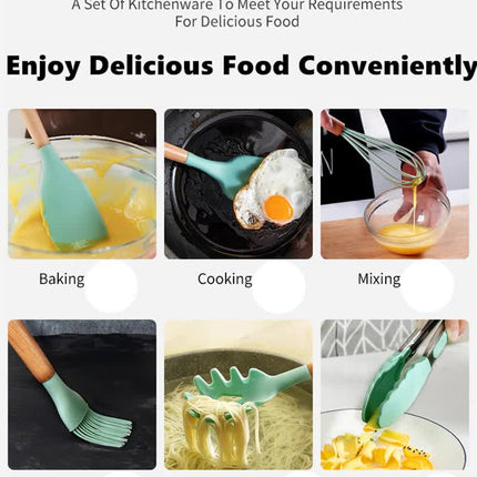 Light Green And Brown 12-Piece Silicone Kitchen Utensil Set - Non-Stick Food-Grade Silicone Cooking Tools with Wooden Handles and Holder.