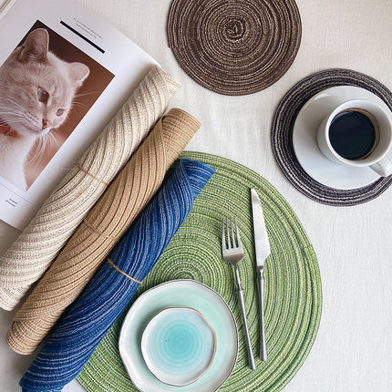 8 Pcs Blue Woven Round Placemat - Non-Slip, Heat-Resistant Dining Table Mat,  36cm.