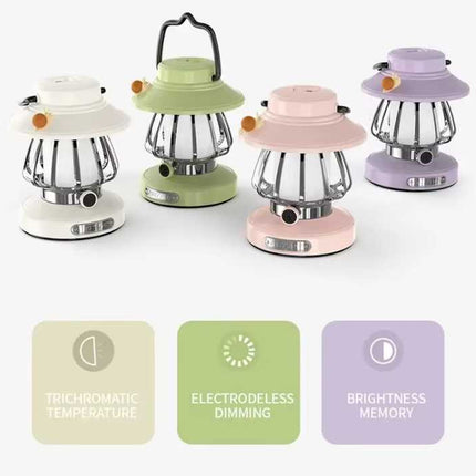 Purple Retro Snail Night Light - Portable Rechargeable Camping Lantern with Hook, 3-Color Dimming.