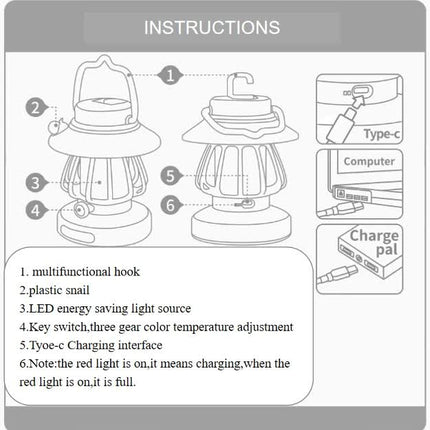 Purple Retro Snail Night Light - Portable Rechargeable Camping Lantern with Hook, 3-Color Dimming.