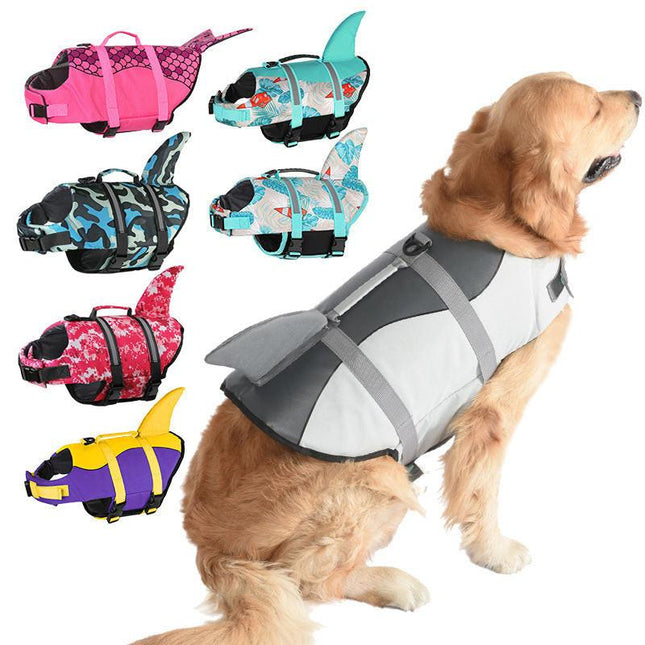 Size XL Grey Pet Life Jacket for Dogs - Summer Swimming Safety Vest with Shark Fin for Small to Large Breeds.