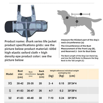 Size XL Grey Pet Life Jacket for Dogs - Summer Swimming Safety Vest with Shark Fin for Small to Large Breeds.