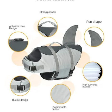 Size XL Grey Pet Life Jacket for Dogs - Summer Swimming Safety Vest with Shark Fin for Small to Large Breeds.