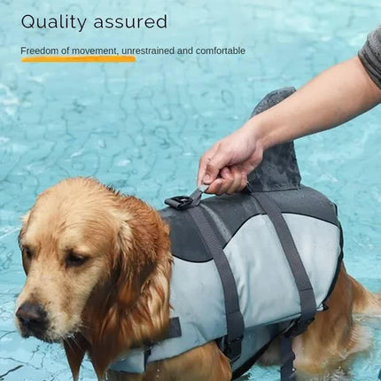 Size XL Grey Pet Life Jacket for Dogs - Summer Swimming Safety Vest with Shark Fin for Small to Large Breeds.