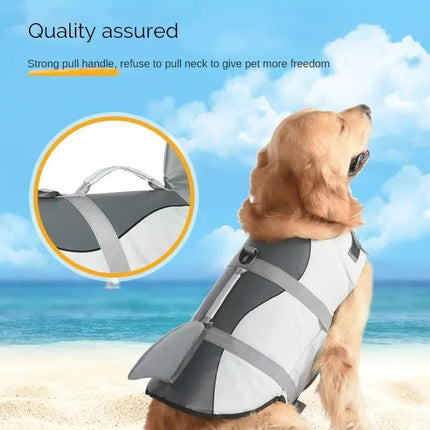 Size XL Grey Pet Life Jacket for Dogs - Summer Swimming Safety Vest with Shark Fin for Small to Large Breeds.