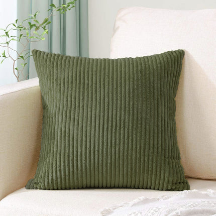 Green Plush Striped Pillow Covers 45x45cm - Set of 4 Corduroy-Style Cushion Covers with Invisible Zipper, Soft and Washable for Sofa Decor.