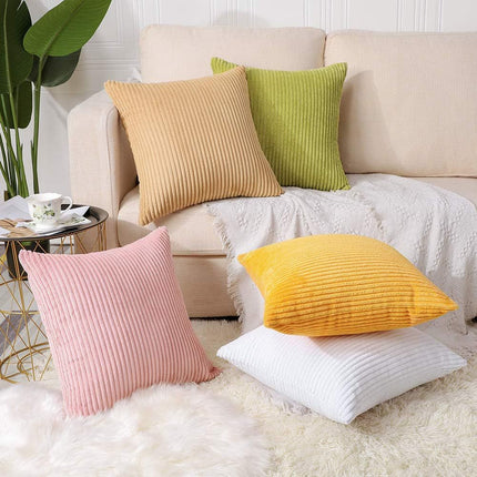 Green Plush Striped Pillow Covers 45x45cm - Set of 4 Corduroy-Style Cushion Covers with Invisible Zipper, Soft and Washable for Sofa Decor.