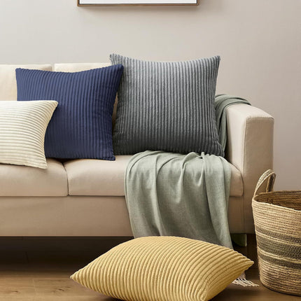 Green Plush Striped Pillow Covers 45x45cm - Set of 4 Corduroy-Style Cushion Covers with Invisible Zipper, Soft and Washable for Sofa Decor.
