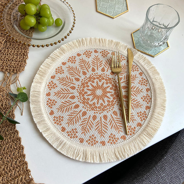4 Pcs Beige and Orange Boho Chic Woven Cotton Placemat with Tassels - Nordic Bohemian Style(Tableware is a prop for shooting and is not included).