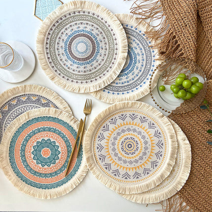 4 Pcs Beige and Orange Boho Chic Woven Cotton Placemat with Tassels - Nordic Bohemian Style(Tableware is a prop for shooting and is not included).