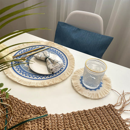 4 Pcs Beige and Orange Boho Chic Woven Cotton Placemat with Tassels - Nordic Bohemian Style(Tableware is a prop for shooting and is not included).