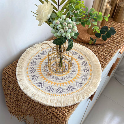 4 Pcs Beige and Orange Boho Chic Woven Cotton Placemat with Tassels - Nordic Bohemian Style(Tableware is a prop for shooting and is not included).