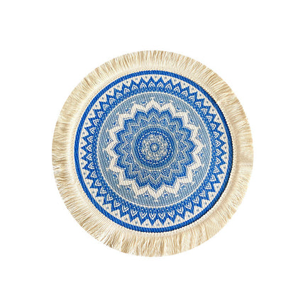 4 Pcs Beige and Orange Boho Chic Woven Cotton Placemat with Tassels - Nordic Bohemian Style(Tableware is a prop for shooting and is not included).