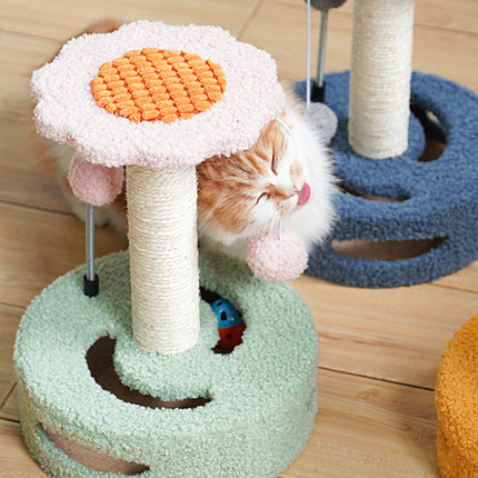 Yellow And Pink Sunflower Cat Scratching Post - 35cm Sisal Cat Tree with Plush Toys for Small Cats.