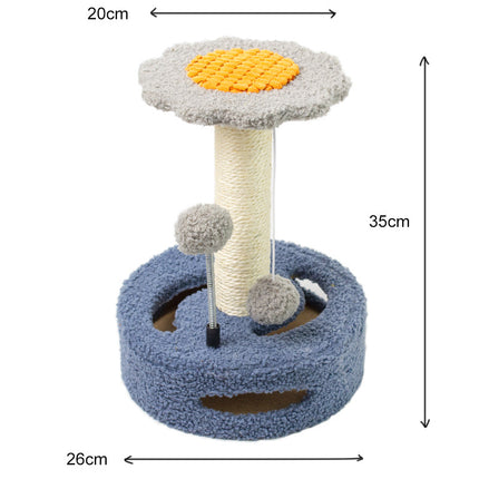 Blue And Grey Sunflower Cat Scratching Post - 35cm Sisal Cat Tree with Plush Toys for Small Cats.