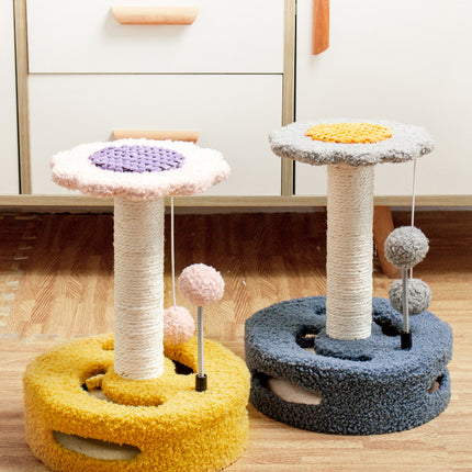 Green And Pink Sunflower Cat Scratching Post - 35cm Sisal Cat Tree with Plush Toys for Small Cats.