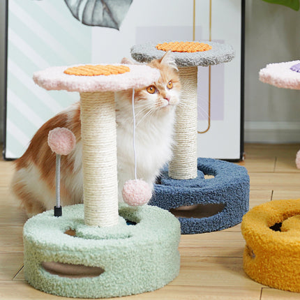 Green And Pink Sunflower Cat Scratching Post - 35cm Sisal Cat Tree with Plush Toys for Small Cats.