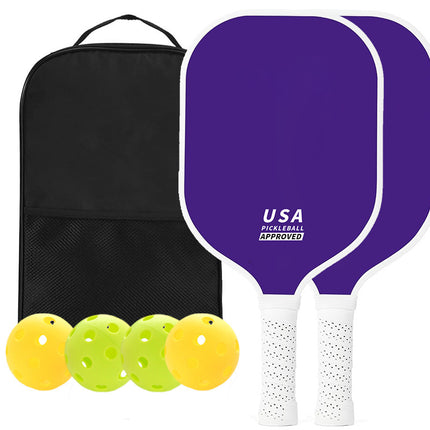 Purple Fiberglass Pickleball Paddle Set - 2 Minimalist Paddles, 4 Balls, and Carry Bag for Outdoor Play.
