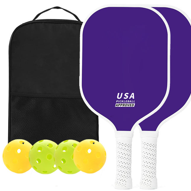 Purple Fiberglass Pickleball Paddle Set - 2 Minimalist Paddles, 4 Balls, and Carry Bag for Outdoor Play.