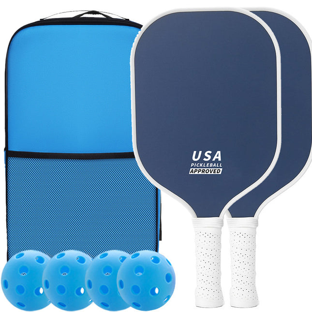 Dark Blue Fiberglass Pickleball Paddle Set - 2 Minimalist Paddles, 4 Balls, and Carry Bag for Outdoor Play.