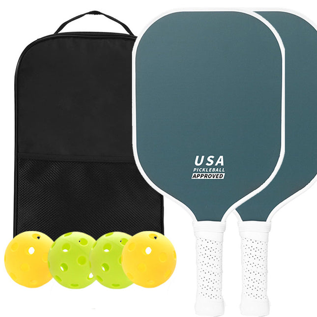 Dark Green Fiberglass Pickleball Paddle Set - 2 Minimalist Paddles, 4 Balls, and Carry Bag for Outdoor Play.