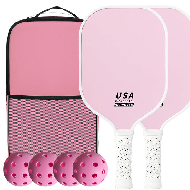 Pink Fiberglass Pickleball Paddle Set - 2 Minimalist Paddles, 4 Balls, and Carry Bag for Outdoor Play.