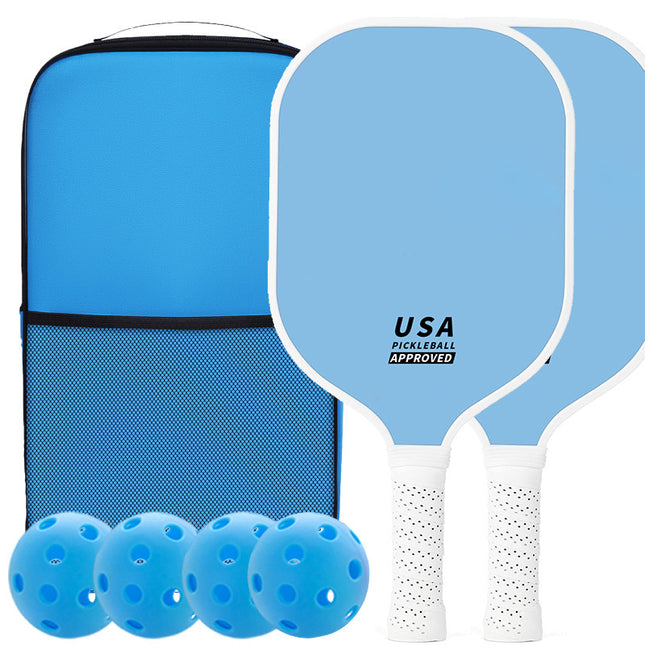Bright Blue Fiberglass Pickleball Paddle Set - 2 Minimalist Paddles, 4 Balls, and Carry Bag for Outdoor Play.