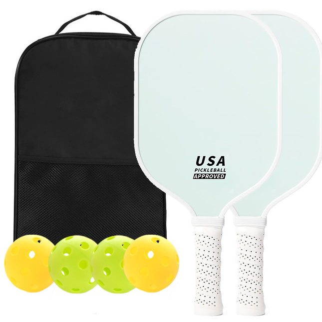 Light Green Fiberglass Pickleball Paddle Set - 2 Minimalist Paddles, 4 Balls, and Carry Bag for Outdoor Play.